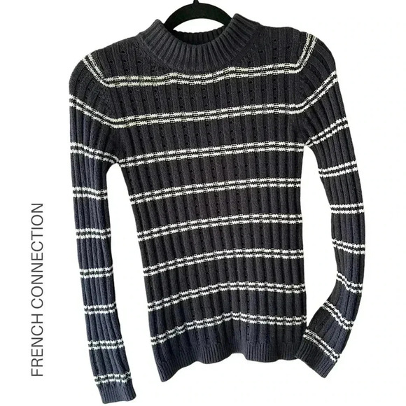 French Connection Sweaters - NWOT | COTTON & WOOL BLEND NAVY STRIPE MOCK TURTLENECK SWEATER LONG SLEEVE | XS